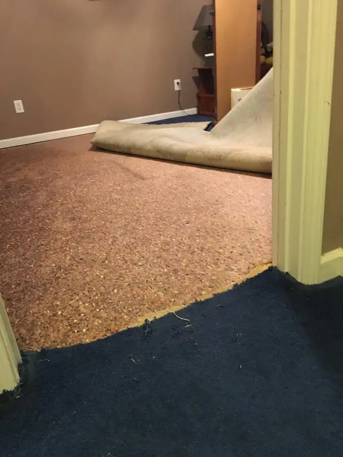 Carpet pad removal revealing water damage during Water Mitigation Services in Roxboro